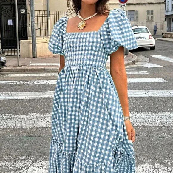 Blue And White Casual Women's & Plaid Elegant Bohemian Dress With Waist Cinching - Picture 3 of 3